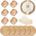 Gejoy 6 Sets Round Woven Placemats Woven Napkin Rings with Dinner Napkins Cloth, Water Hyacinth Placemats Heat Resistant Charger Plates Boho Wooden Modern Rings for Plates Wedding Dining Table