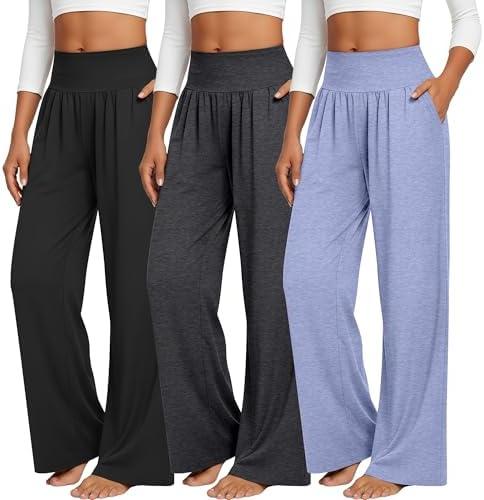 Neer 3 Pack Women's Wide Leg Yoga Pants, Comfy Lounge Pants with Pockets Ladies' Stretch Sweatpants Elastic Waist Joggers, S