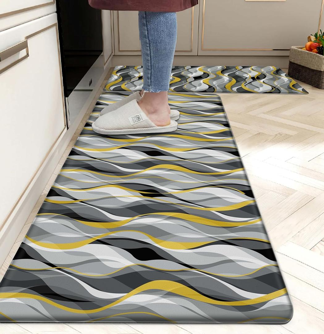 Tapetes de cocina para piso, alfombras de cocina modernas abstractas a rayas grises y amarillas, antifatiga, impermeables, acolchadas, antideslizantes, para cocina, juego de 2, 17.3 x 28 + 17.3 x 47