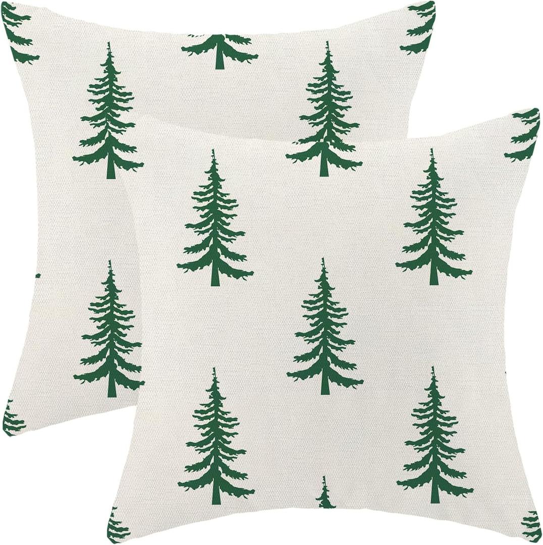 CXMEIFLY Christmas Pillow Covers 18x18 Inch Set of 2 Cream Sage Green Christmas Tree Decor Throw Pillows Winter Xmas Holiday Outdoor Cushion Cases for Couch Bed Decorations