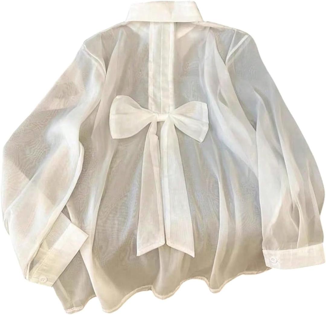 GORGLITTER Women's Plus Size Chiffon Long Sleeve Tops Blouse Dressy Casual Bow Collared Shirt Sheer Button Up Fall Top (White)