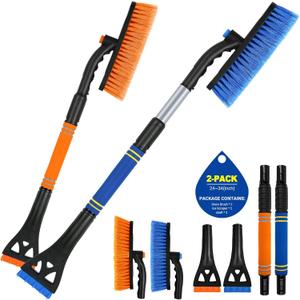 2Pack Ice Scrapers for Car Windshield, 2-in-1 Snow Scraper and Snow Brush for Car SUV Truck, Car Ice Windshield Scraper for Ice and Snow with 360 Pivoting Brush and Ergonomic Foam Grip Blue Orange
