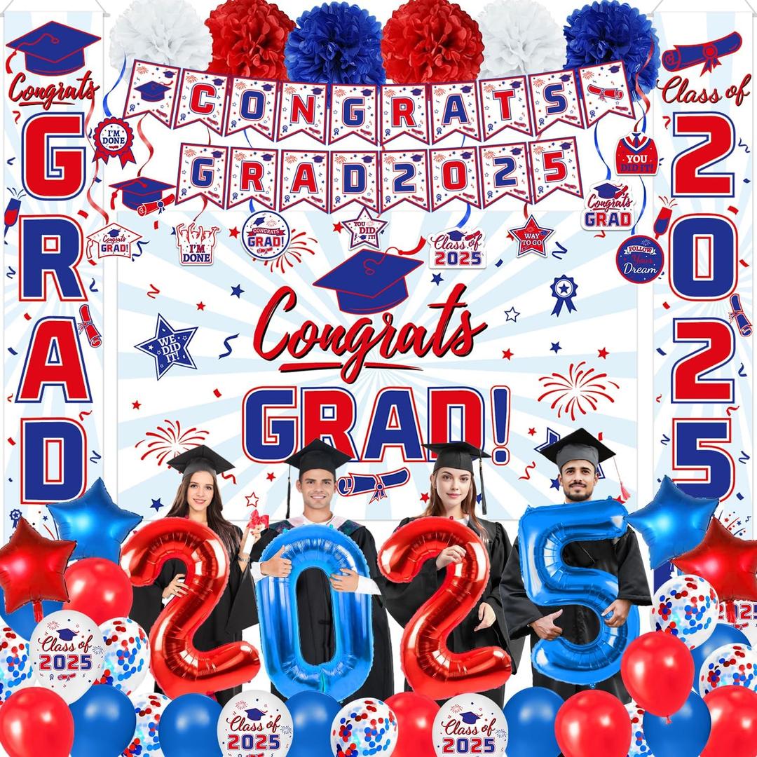 Graduation Decorations 2025 - Red and Blue Graduation Party Supplies Congrats Grad Backdrop & Banner, Hanging Swirls, Porch Sign, Balloons, Foil Number 2025 for High School & College Celebrations