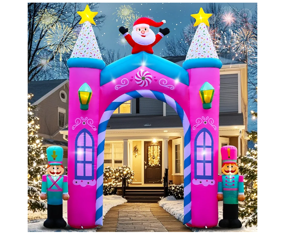 Christmas Inflatable Archway Outdoor Decoration – 12FT Nutcracker Blow Up Arch with LED Lights, Featuring Santa Claus and Festive Christmas Soldiers for Yard, Entryway, or Holiday Party