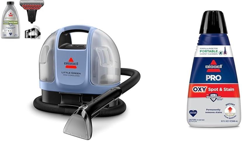 BISSELL Little Green Mini Cordless Portable Carpet and Upholstery Deep Cleaner, 4015L + Bissell Professional Spot and Stain + Oxy Portable Machine Formula, 32 oz, Single, 32 Fl Oz
