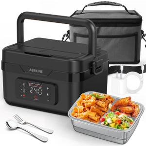 Electric Lunch Box - Rechargeable 75W Self-Heating Food Warmer with 6.3 Cups(1.5L) Stainless Steel Container, Heated Lunch Box For Office, Picnic, Car & Outdoor Use(Black)