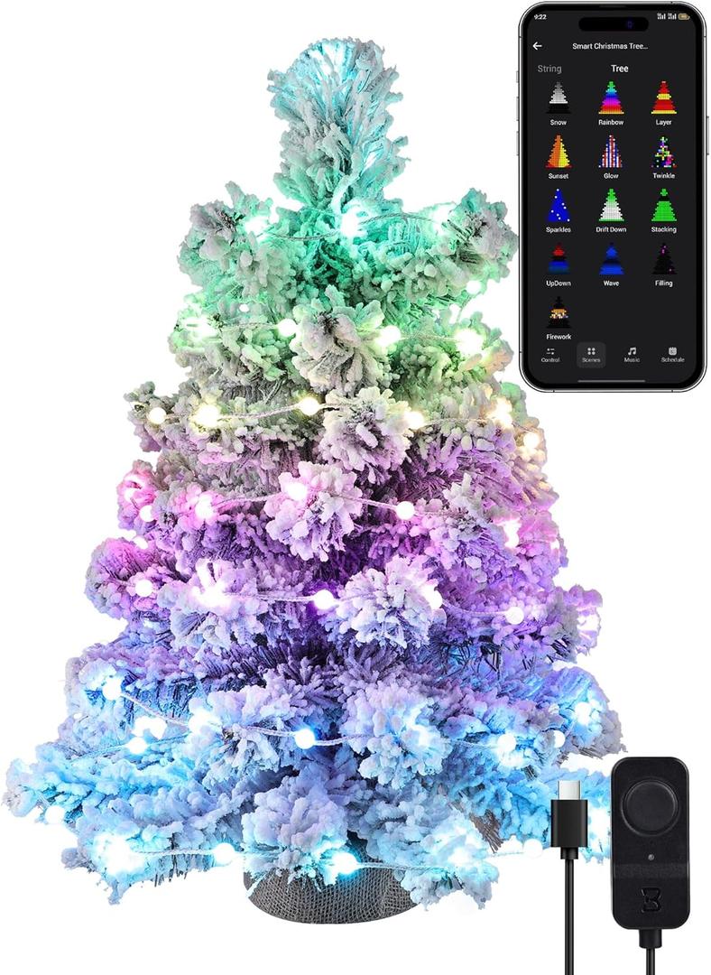 Brizled Snow Flocked Smart Christmas Tree, 22.8in Mini Christmas Tree with 100 LED RGB Lights, App/Voice Control 159+ Scenes Tabletop Xmas Tree USB C Small Tree Work with PD Power for Fireplace Desk (2FT, White)
