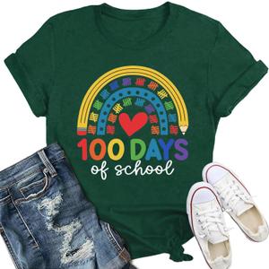 100 Days of School Shirts for Women Happy 100th Days Teacher Student T-Shirt Cute Rainbow Pencil Tee Tops (Small, Green)