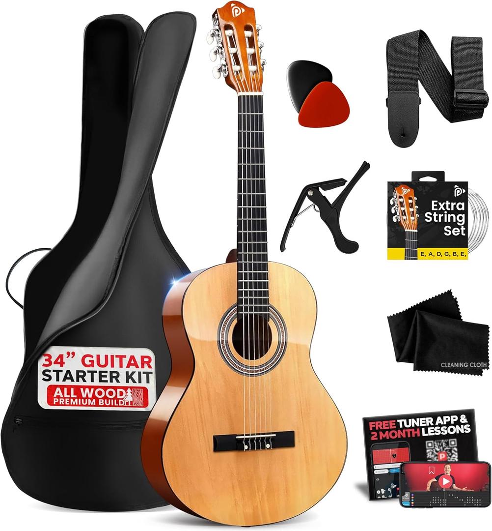 Pyle Beginner Acoustic Guitar Kit, 1/2 Junior Size All Wood Build Nylon String Instrument with Capo, Strap, Extra String Set, Gig Bag, Guitars for Beginners Adults Youth, 34" Natural Gloss