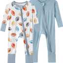 SUZEL Bamboo Viscose Baby Pajamas Boys Girls Zippy Pjs Sleep 'N Play Romper (Football+Dusty Blue, 18-24M)