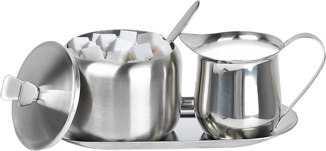 Sugar and Creamer Set, Coffee Serving Set, Stainless Steel Latte Milk Cup Cream Jug and Sugar Bowl with Lid and Spoon Tray Server for Coffee Tea Pepper Spices