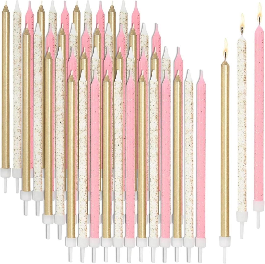48-Pack Metallic Glitter Confetti Long Thin Birthday Cake Candles 5-Inch with Holders, 3 Colors