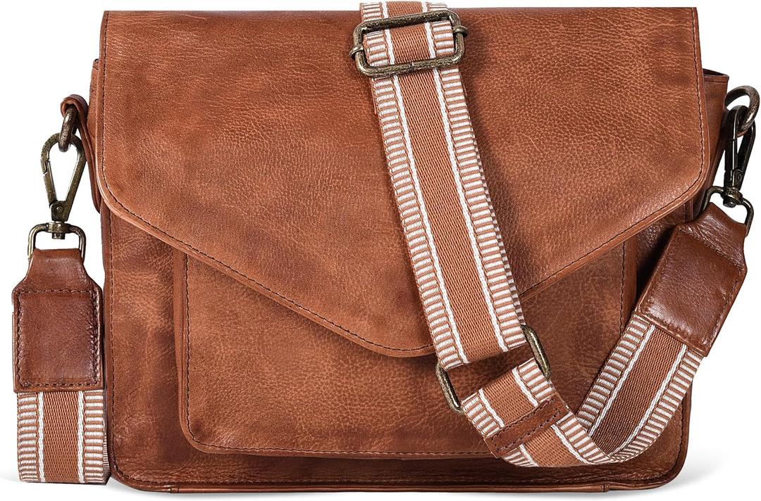 Leather Flapover Crossbody Handbag Purse for Women with Adjustable Strap & Overflap Snap Closure Tote/Bag (Tan Web)