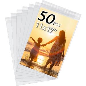 50 Pack Acid-Free Crystal Clear Sleeves Storage Bags for 11x17 Art Prints/Pictures/Photos/Framing Mat Mattes (Bag Size: 11 3/7" x17 1/2")