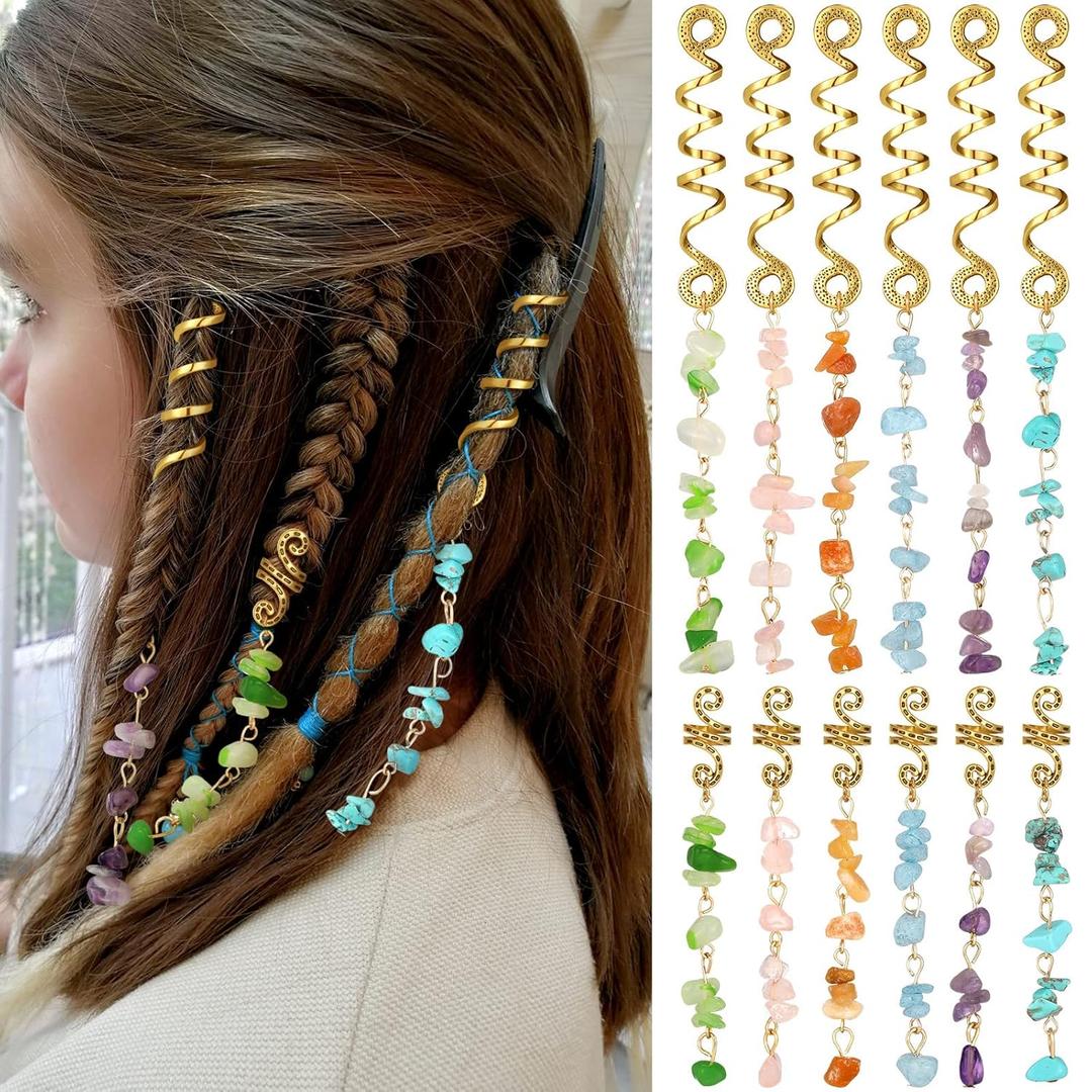 BBTO 12 Pcs Hair Jewelry for Braids Natural Crystal Stone Dreadlock Accessories Metal Hair Accessories Gold Loc Dreadlock Spirals Cuff Rings Charm for Women Braid Hairstyle Decor(Fresh Colors)