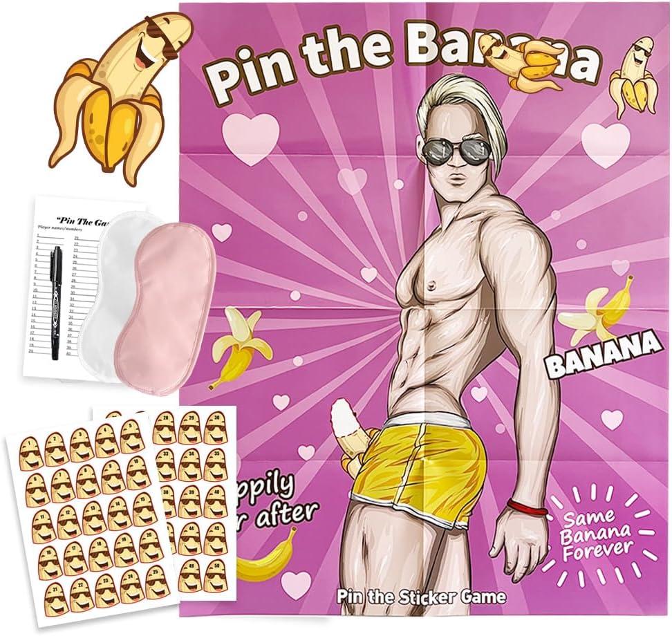 2 x Bridal Shower Bachelorette Party Games, Pin the Banana on The Hunk Game Bridal Shower Wedding Engagement Party Games Girls Night - For 56 Guests