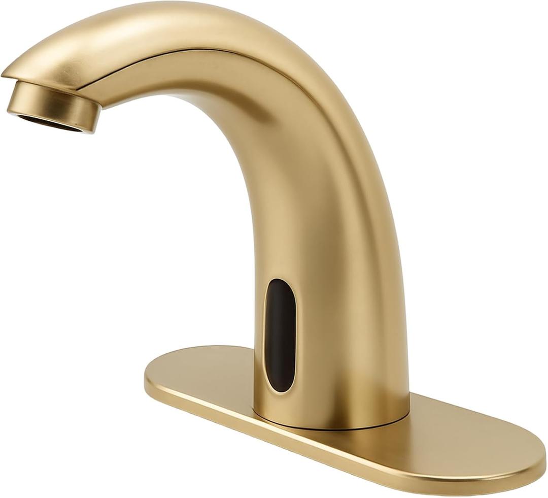 Brushed Gold Touchless Bathroom Sink Faucet - Battery Operated Automatic Motion Sensor Hands Free Faucet with Hot and Cold Mixing Valve Brushed Gold Touchless Bathroom Sink Faucet - Battery Operated Automatic Motion Sensor Hands Free Faucet with Hot and Cold Mixing Valve