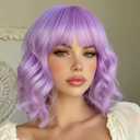 Purple Wig with Bangs Short Purple Bob Wigs for Women 14 Inch Lavender Purple Wavy Curly Wigs Short Bob Synthetic Wigs Shoulder Length Colorful Cosplay Wig for Girl Halloween Party Costume Daily