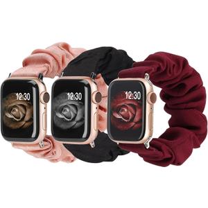 TOYOUTHS 3 PCS Compatible with Apple Watch Band Scrunchies 41mm 40mm 38mm Cloth Soft Pattern Printed Fabric Wristband Bracelet Women IWatch Elastic Bands Series SE 10 9 8 7 6 5 4 3 2 1, M/L (Black/Wine/Pink)