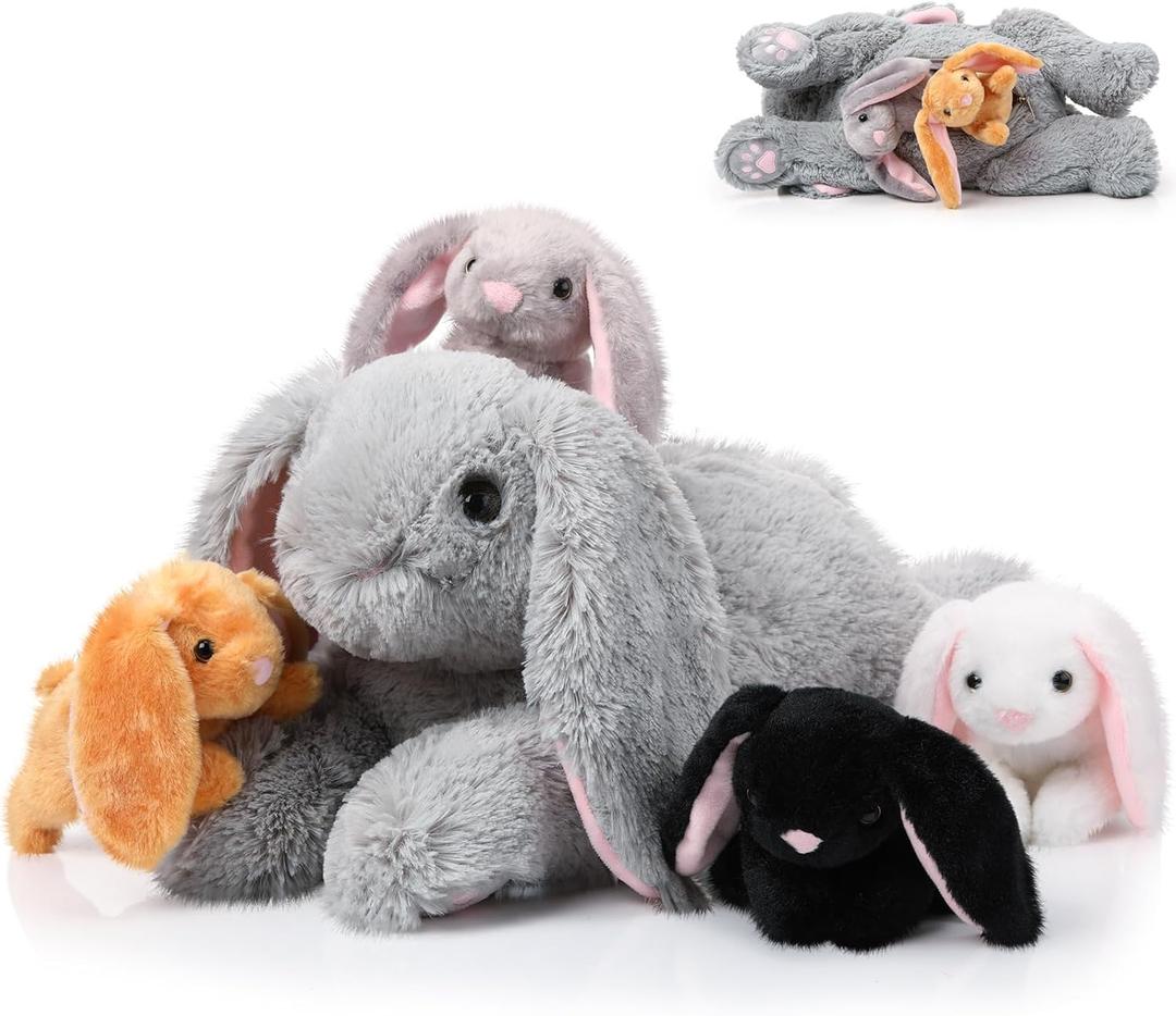 Sratte 5 Pcs Easter Bunny Stuffed Animal Set Large Mommy Bunny Plush with 4 Cute Stuffed Baby Rabbit in Her Belly Soft Cuddly Rabbit Plush Gift for Birthday Baby Shower Party Favor (Gray, Lying Style)