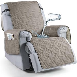 TAOCOCO 100% Waterproof Recliner Chair Cover, Oversized Recliner Covers for Large Recliner Chair with Double Straps, Non Slip Reclining Chair Cover for Kids, Pets(28'', Light Brown)