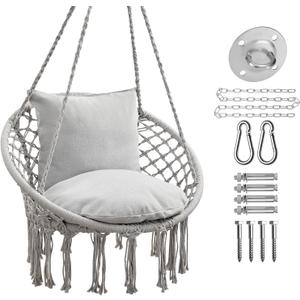 JoyView Macrame Hammock Chair Hanging Swing Chair Max 330 Lbs with 2 Cushions and Hardware Kits for Indoor Outdoor Bedroom Patio Garden - Light Grey