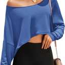 Fisoew Womens Off The Shoulder Cropped Tops Batwing Long Sleeve Loose Fit Summer Boat Neck Workout T Shirts, S
