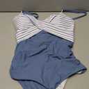 B2prity Women's One Piece Swimsuits Tummy Control Front Cross Bathing Suits Tie Back Slimming V Neck Swimwear (X-Large, Grey Blue Stripe)