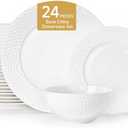 KINGSTONE Bone China Dinnerware Set, 24-Piece White Porcelain Tableware for 8, Hammered Rim Plates and Bowls, Microwave and Dishwasher Safe, Elegant Dish Set for Wedding, Family & Restaurant