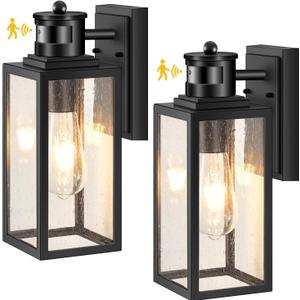 VIANIS 2 Pack Motion Sensor Porch Lights Outdoor, Modern Black Exterior Lighting Fixtures Wall Mount for House, Anti-Rust Waterproof Outdoor Sconce Lights for Garage, Front Door with Seeded Glass, Black, Standard Motion Sensor 2-Pack