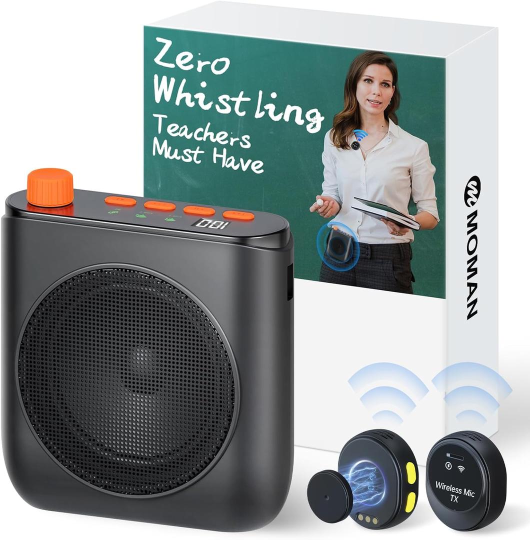Moman Voice Amplifier with 2 Wireless Lavalier Microphone, Zero Whistling Low Latency Portable Speaker and Microphone, PA System with Wireless Mic for Teachers Classroom Yoga Tour Guide Meeting (Black)