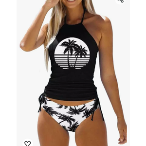 Womens Two-Piece Tankini Set Cow Skull with Leopard Print Sets Swimwear Tankini Top Sets Swimwear, XL, Black