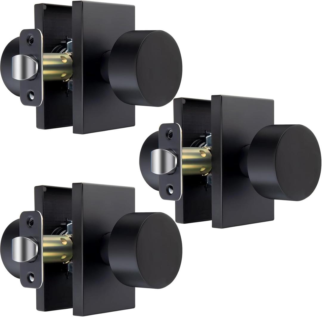 Matte Black Door Knobs Interior Passage, Zinc-Alloy Interior Door Knobs, Heavy Duty Black Door Knob for Closet,Hallway, 3 Pack