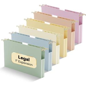 Extra Capacity Legal Size Hanging File Folders,1" Pastel Expanding Pocket,12 Pack Plastic Hanging Folder with Tabs,Filing Cabinet Folders for Your Home Office School Bulk File and Documents
