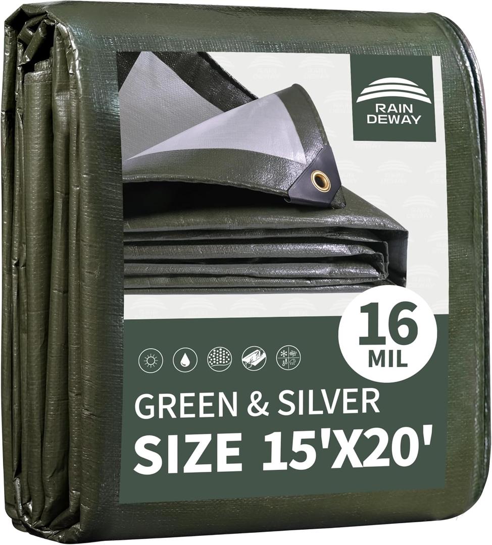 RAINDEWAY Large Tarp 15x20FT 16 Mil Tarps Heavy Duty Waterproof Cover, 15'x20'-Finished Size