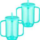 Sliner 2 Pcs Adult Sippy Cups for Elderly, 12 oz Plastic Spill Proof Cups with 2 Handles Straw and Lid for Adults Hospital Disabled Dysphagia Patients (Blue)