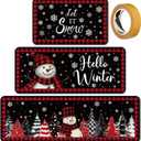 Sets of 3 Christmas Kitchen Rugs and Mats Set Winter Snowman Kitchen Rugs Non Slip Washable Red Black Xmas Door Mats for Floor Home Bathroom Cabin Christmas Winter Decor, 3 Sizes