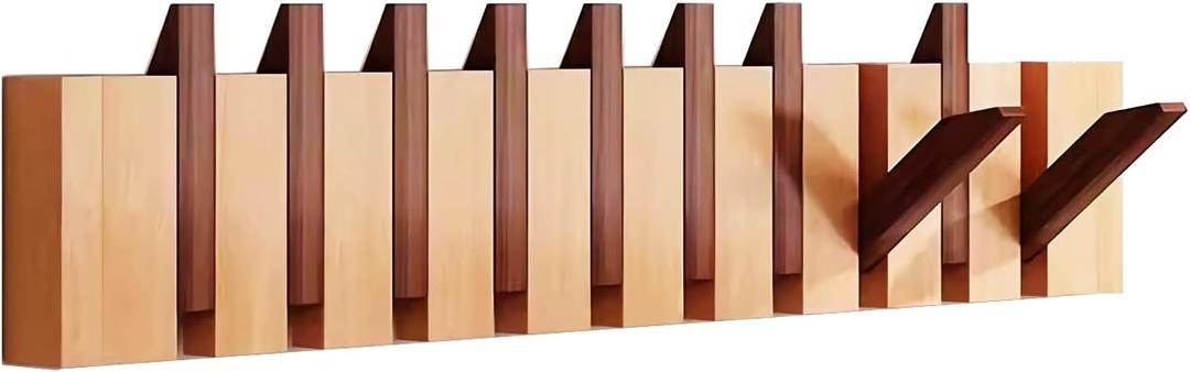 Wall Mounted Coat RackHooks Piano Key Hangers Natural Solid Wood Hanger Non-Woven Fabric Clothes Hangers for Closet, Kitchen, Bedroom, Bathroom, Entryway (Walnut-Beech, 10 Hooks)