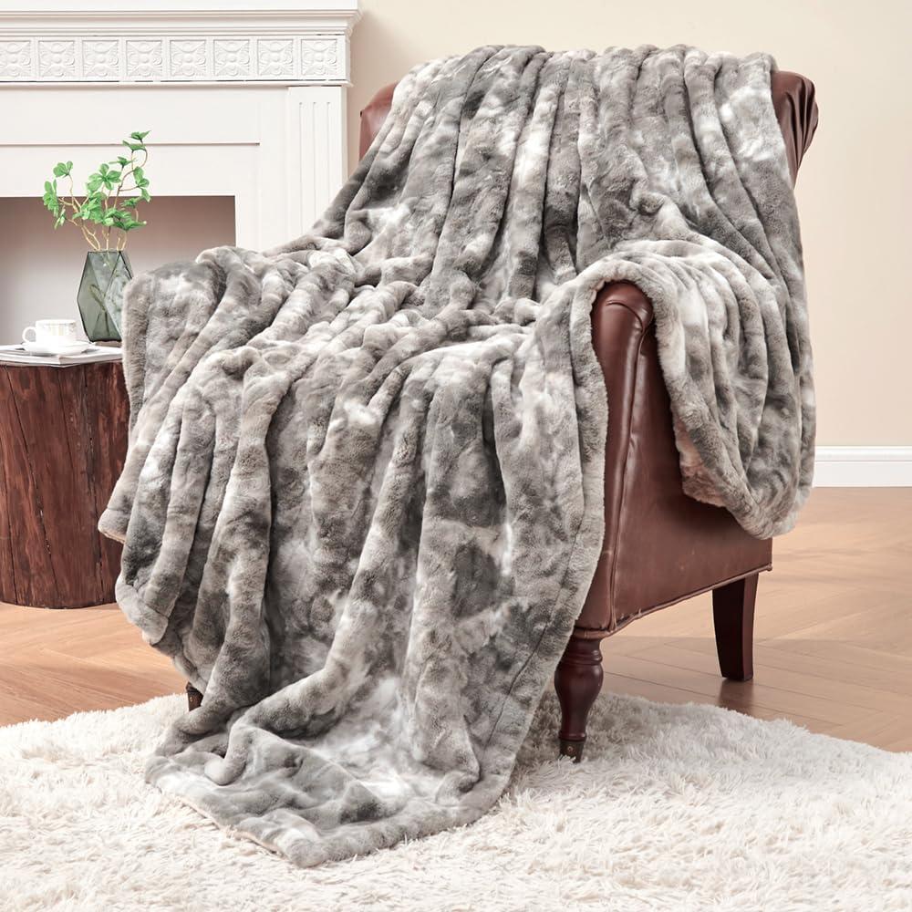 Krifey Faux Fur Throw Blanket, Soft Fluffy Cozy Blanket for Couch, Luxury Mink Blanket Warm Bed Throw, Plush Christmas Birthday Gifts for Women, Room Home Dorm Decor, Marbled Gray 50" x 60", 600GSM