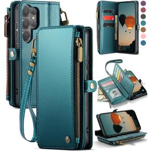 Defencase for Galaxy S26 Ultra Case Wallet with RFID Blocking Card Holder for Women Men, PU Leather Magnetic Snap Flip Wristlet Strap Zipper Wallet Phone Cases for Samsung Galaxy S26 Ultra 6.9", Green