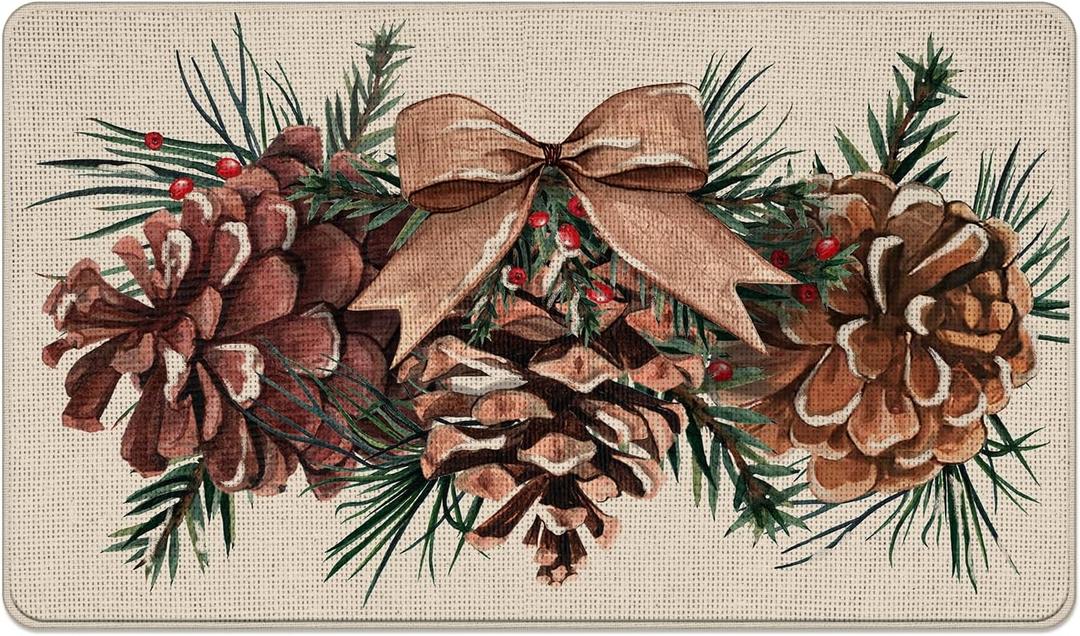 Winter Pine Cone Decorative Front Door Mat, Bow Pine Needle Red Berry Welcome Doormat Indoor Outdoor Non-Slip Floor Entryway Rug, Christmas Seasonal Home Kitchen Decoration 17x29 Inch
