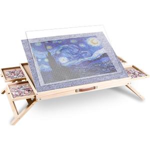 FNTSTICGOODS 1500 Piece Jigsaw Puzzle Table with Drawers - 34 X 25 - Wooden Puzzle Table with Cover | 3-Tilting-Angle Adjustable & 4 Drawers - Portable and Felted Anti-Slip Surface