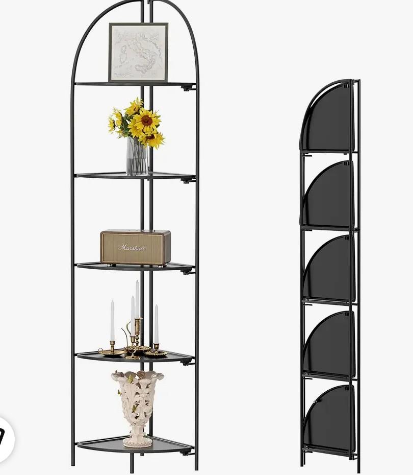 Crofy Foldable 5 Tier Corner Shelf, Metal Corner Plant Stand with Black Frame and Black Shelves, Corner Display Rack Multipurpose Shelving Unit for Living Room, Bedroom, Bathroom