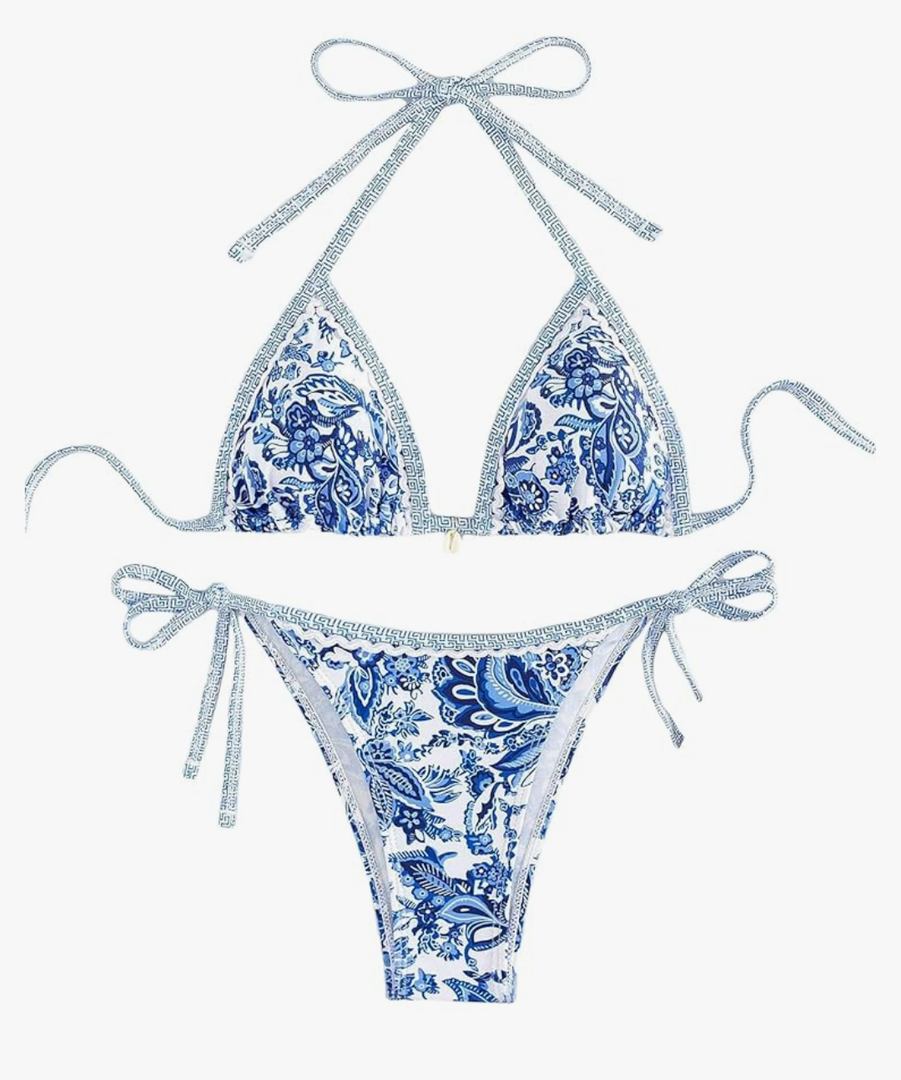 Women's Floral Printed Bathing Suit Halter Paisley Summer Swimsuit Bikinis Set Dark Blue S