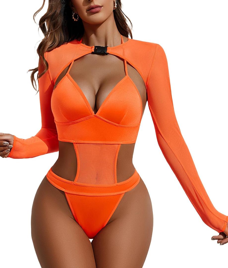 Avidlove Rave Outfits for Women Festival Sexy Lingerie Bodysuit Buckle Shrug Crop Top Set (3X-Large, Orange)