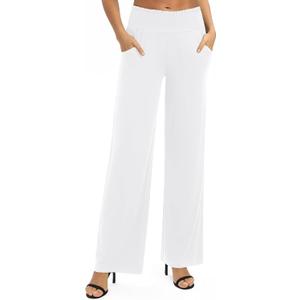 Urban CoCo Womens High Waist Flowy Palazzo Pants Elastic Waist Wide Leg Stretchy Straight Leg Dressy Casual Lounge Trousers (White, L)
