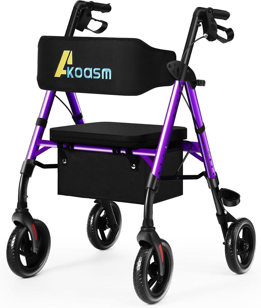 Lightweight Foldable Rollator Walkers for Seniors with Seat - Adult Rolling Walker with Seat and Brakes, 300 Lb Capacity, All Terrain 8" Big Roller Wheels, Adjustable Handles and Seat Height, Purple