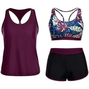 Yonique 3 Piece Athletic Tankini Swimsuits for Women with Shorts Swim Tank Tops with Sports Bra and Boyshorts Bathing Suits 16W