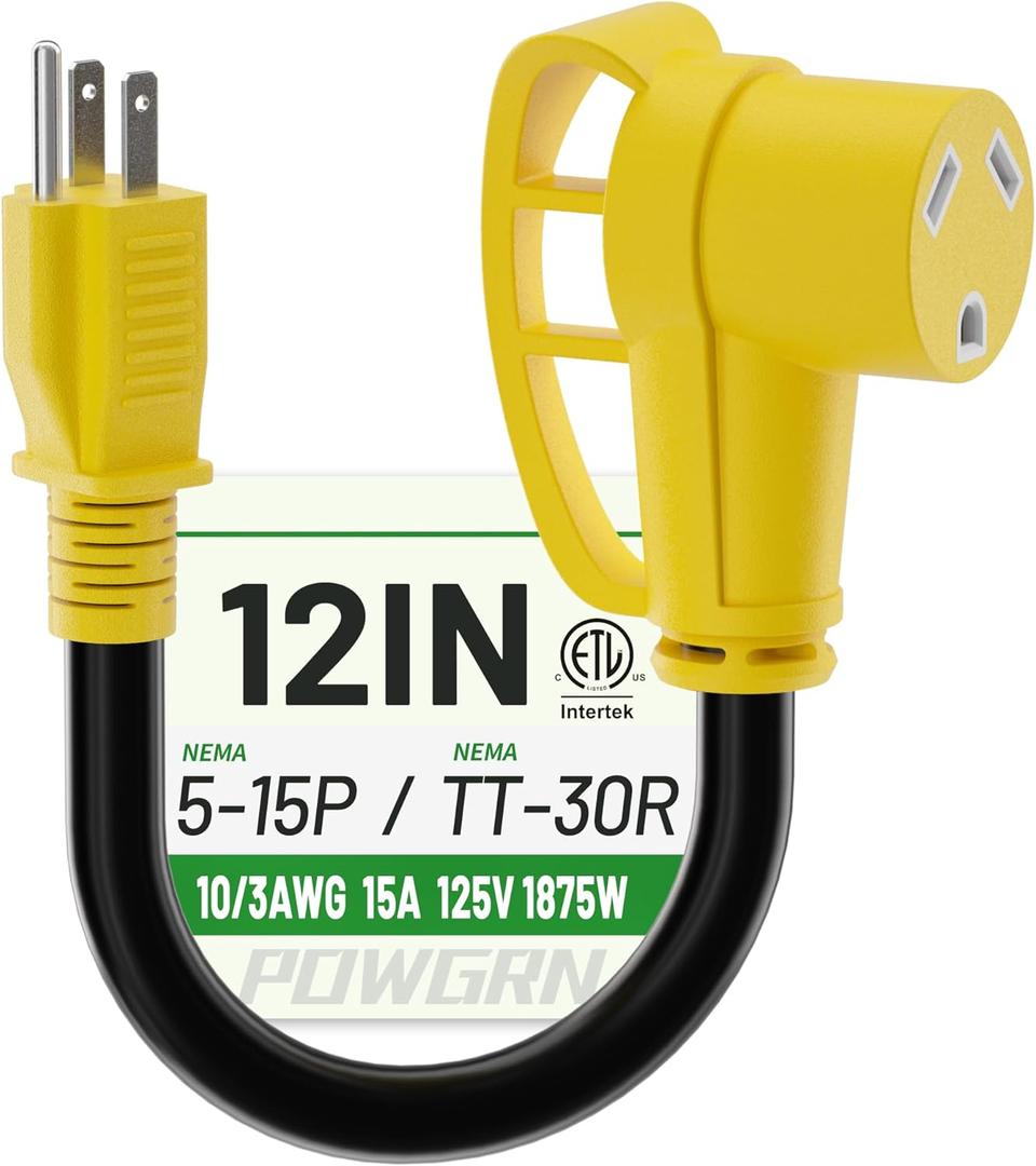 POWGRN RV 30 Amp to 110 Adapter 12 inch, Heavy Duty 10/3 Gauge RV Electrical Adapter, NEMA 5-15P Male to NEMA TT-30R Female, STW 10AWG 15A 125V 1875W, Black-Yellow, ETL Listed