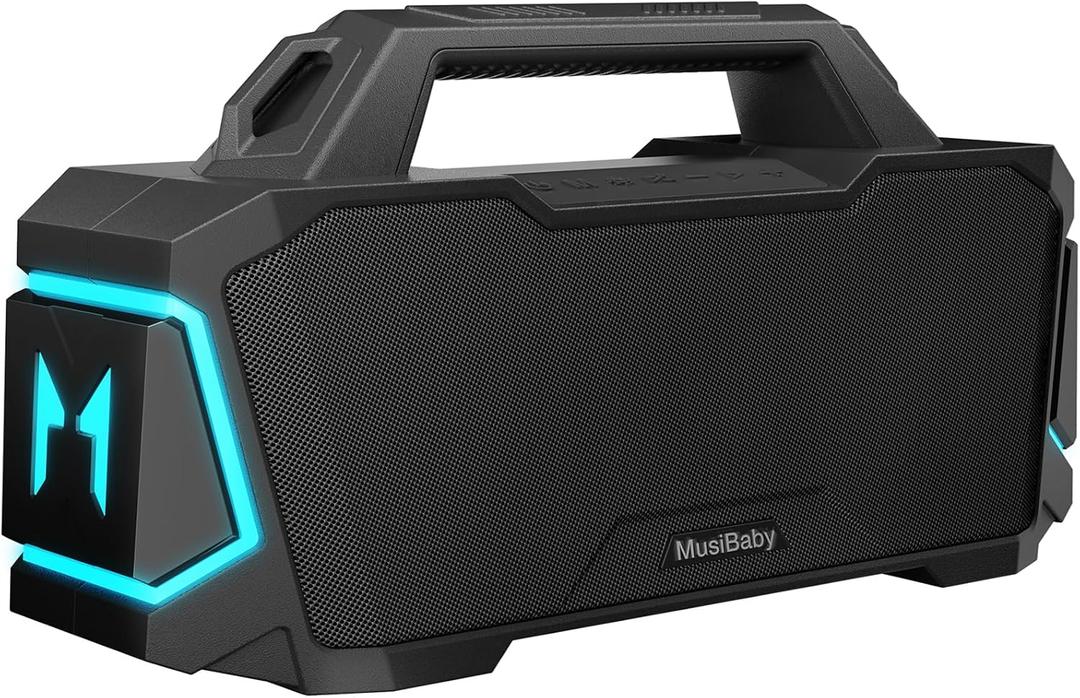 Bluetooth Speaker,MusiBaby M1 Wireless Speakers with Subwoofer,IPX6 Waterproof,20H Playtime,RGB Lights,Deep Bass,Portable,Large,Loud Speaker for Outdoor,Party,Camping,Backyard,Dual Pairing(Blk)
